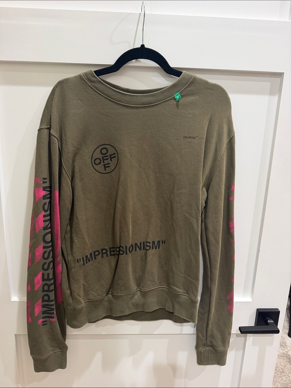 Off-White Olive Crewneck Sweatshirt with Pink Sleeve Graphics